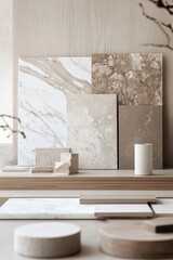 Beige marble samples displayed on shelf, wood background, interior design