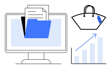 Monitor displaying folder and documents, shopping bag with tag, upward trending bar graph. Ideal for online retail, digital organization, purchasing trends, e-commerce growth, sales performance