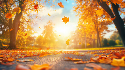 Autumn landscape with trees and falling leaves in a park -  ai generative