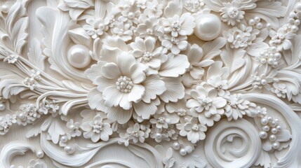 White floral relief wall art, pearl accents, elegant background, home decor