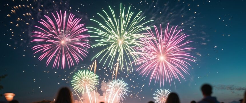 Colorful fireworks bursting in the night sky during a celebration or festival event.