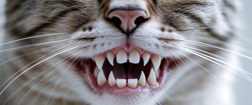 A close up of a cat's mouth with fangs and teeth.