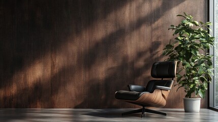 Leather armchair against dark wood wall, plant beside. Perfect for interior design, home decor, or minimalist lifestyle websites.