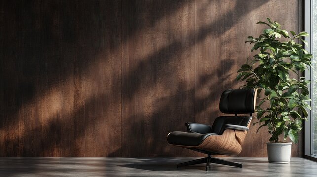 Leather armchair against dark wood wall, plant beside. Perfect for interior design, home decor, or minimalist lifestyle websites.
