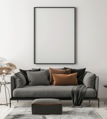 A gray couch with pillows and a throw blanket in a modern living room with a black framed mockup poster on the wall