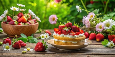 Fresh strawberries and strawberry shortcake on a rustic wooden table with a vintage style bowl, surrounded by lush greenery and flowers , fresh produce, strawberries