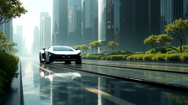 Futuristic car speeds through modern cityscape on reflective wet street, surrounded by sleek skyscrapers and lush green trees in an idealized vision of urban transportation of the future.