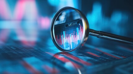 A magnifying glass examines stock market financial data closely
