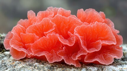A cluster of vibrant red, feathery fungi growing on a rocky surface.
