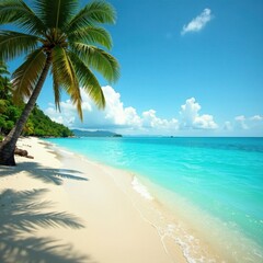 Azure waters lap a shoreline fringed by lush palms and soft sand , island, tropical beach