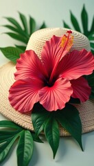 Naklejka premium Bold hibiscus blooms & palm leaves on a sun hat , hibiscus, trendy