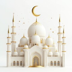 Obraz premium Elegant white mosque with golden accents under crescent moon and stars.