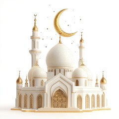 Obraz premium Elegant white mosque with golden crescent moon.