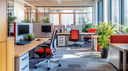 Invigorating workspace featuring ergonomic furniture and lush indoor plants for a healthy office