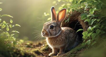Fototapeta premium Curious rabbit emerges from burrow surrounded by greenery in soft sunlight.