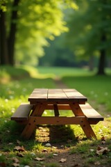 Naklejka premium Classic wooden picnic table, smooth surface, clean lines, park, classic, product photography