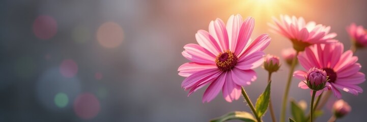 Radiant pink cornflower bouquet, sunbeams on gray, rays, blossom