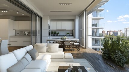 This contemporary kitchen features an open layout bathed in natural light, showcasing sleek cabinetry, a spacious island, and a cozy dining area