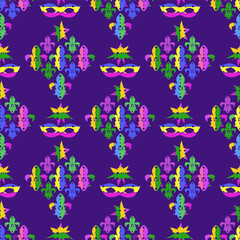 Obraz premium Mardi Gras Carnival, masquerade seamless pattern holidayy template design Vector carnaval texture