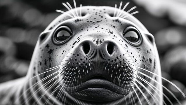 Close up image of a seal featuring a prominent nose and expressive facial features in a natural setting.