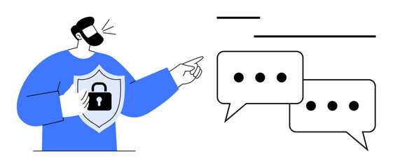 Man with shield featuring a lock symbol gesturing toward speech bubbles. Ideal for cybersecurity, online safety, secure messaging, privacy protection, data security, tech communication, modern