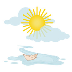 The sun peeks out from behind a cloud and looks at a paper boat floating on a stream after a spring rain. Weather themed vector illustration