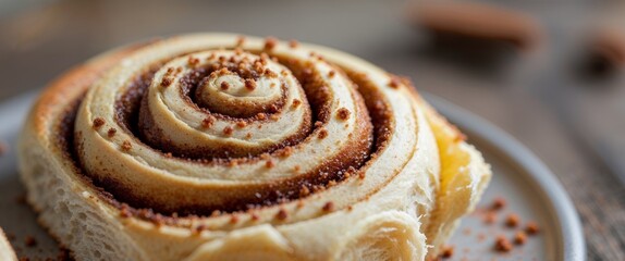 Fototapeta premium Close up of freshly baked cinnamon rolls with spices on rustic background inviting for text or advertisement placement.