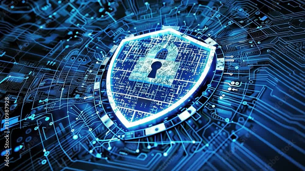 Poster digital shield cybersecurity concept featuring lock and circuit patterns for enhanced data protectio
