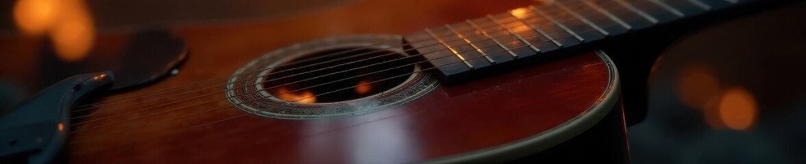 Fototapeta premium Close-up acoustic guitar, campfire embers glowing, night, strings, red