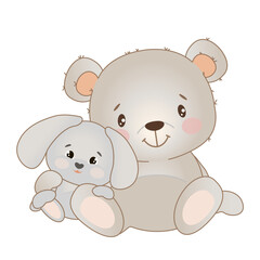 Naklejka premium Two friends. Funny bear and bunny are hugging. Vector illustration for textile, t-shirt printing