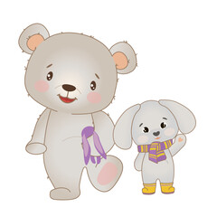 Cute friends walking together. Teddy bear and bunny in rubber boots. Vector illustration for textile, t-shirt printing