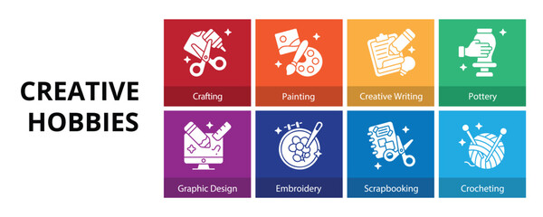 Creative Hobbies Glyph Solid Banner Web Icon Set Vector Illustration, Crafting Painting Creative Writing Pottery Graphic Design Embroidery Scrapbooking Crocheting 