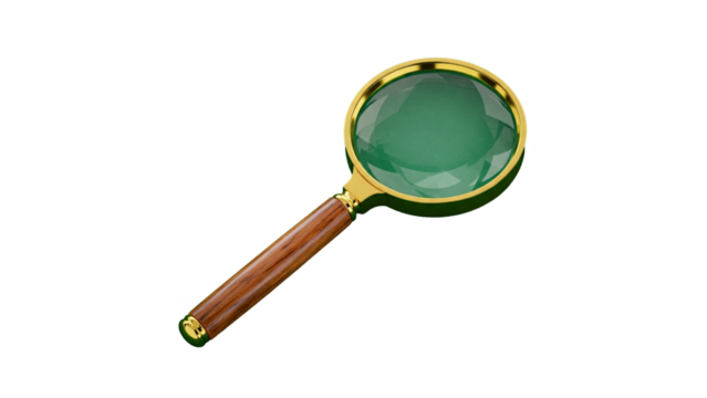 Magnifying glass with golden frame and wooden handle for close-up inspection