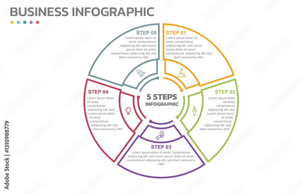 Aufkleber Visual data presentation. Cycle diagram with 5 options. Pie Chart Circle thin line infographic template with 5 steps, options, parts, segments. Business concept. Marketing infographic outline style.