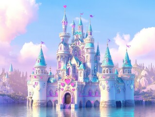 Obraz premium Fairytale castle by lake, dreamy sky, hills. Kids book illustration
