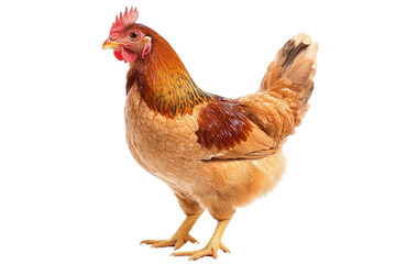 Fototapeta premium A chicken standing tall, isolate on white background, showcasing its proud stance and vibrant feathers. PNG
