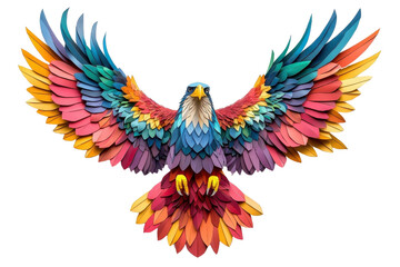 A multicolored paper art eagle, isolate on white background, crafted with intricate layers of colored paper. PNG