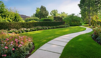 Fototapeta premium Curved concrete walkway winding through lush green lawn, bordered by manicured hedges and blooming flowers, ideal for landscape design and garden inspiration. 