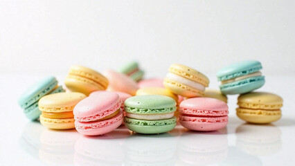 Obraz premium Colorful pastel French macarons with creamy filling arranged on a white surface.