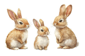 A family of rabbits, isolate on white background, standing together with playful and loving expressions. PNG