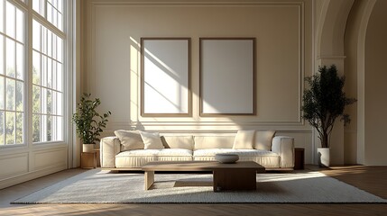 Modern minimalist living room with a sofa and coffee table, two blank poster frames on the wall, a cream color scheme, a wooden floor with a carpet, a large window with a side view,
