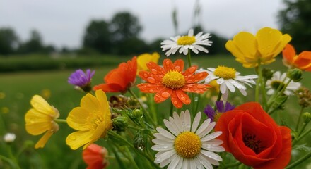 Fototapeta premium Colorful Wildflower Meadow Featuring Daisies and Buttercups with Fresh Raindrops