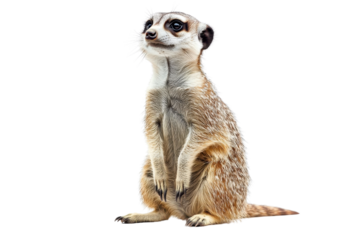 A meerkat standing upright, isolate on white background, showcasing its curious nature and alert posture. PNG