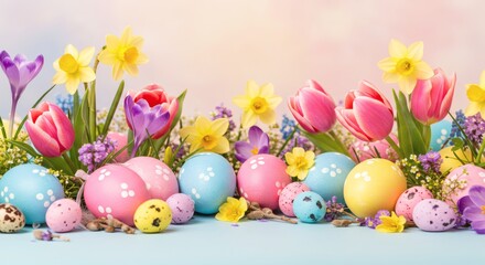 Fototapeta premium Easter Egg Display with Spring Flowers on a Pastel Background