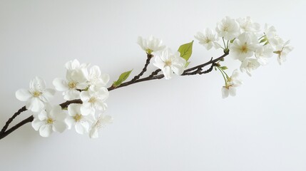 Fototapeta premium A single cherry blossom branch against a plain white background.