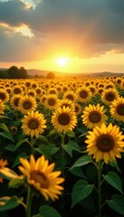 Sunflowers stretching towards the sun, massive field , vibrant, nature, yellow