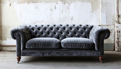 Grey Velvet Chesterfield Sofa in Industrial Space