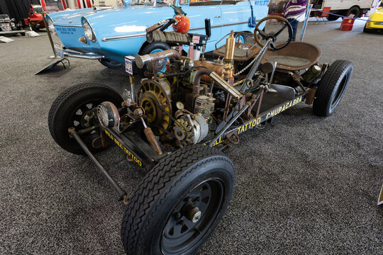 Exposed Amphicar Chassis and Engine on Indoor Display

