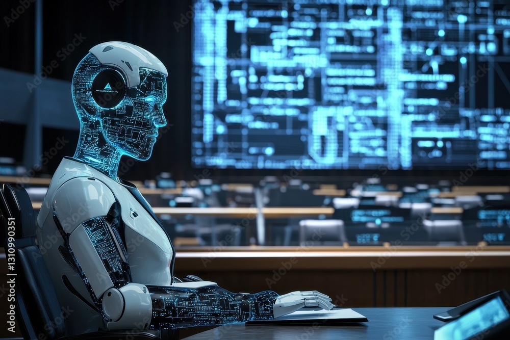 Poster a futuristic robotic figure sits in a high-tech conference room, surrounded by digital screens displ