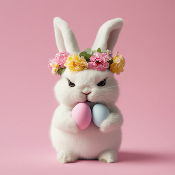 angry, mad white easter bunny holding pastel color 2 easter eggs with flower crown in full growth isolated in pink background